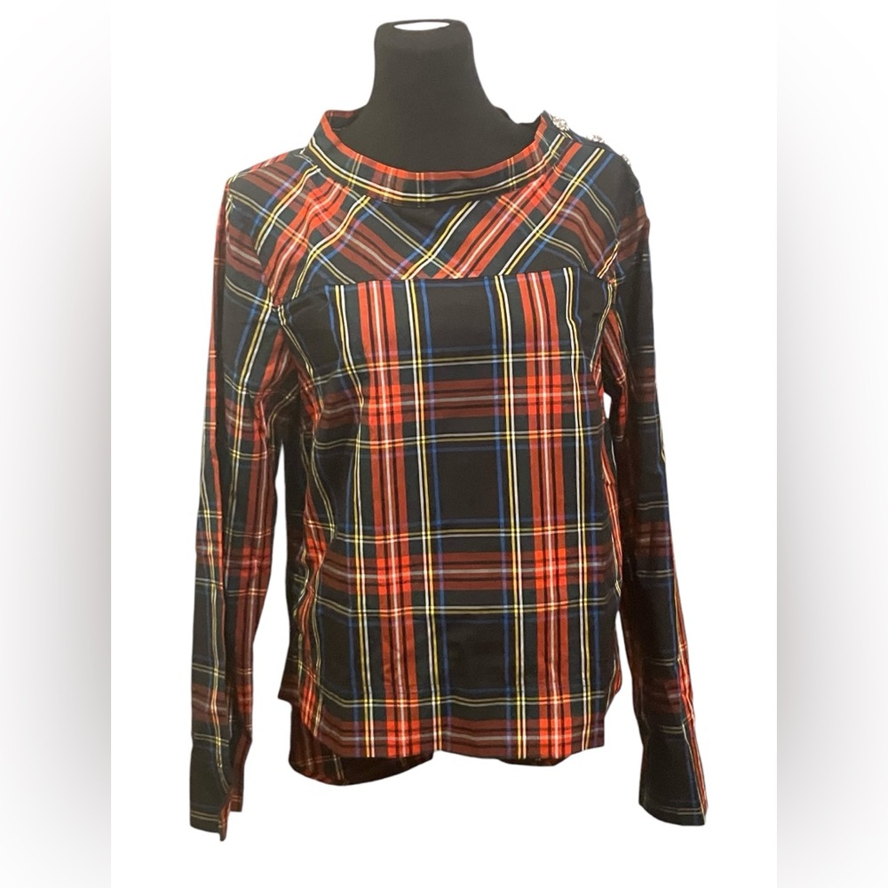 J.Crew Stewart tartan funnel neck top size 8 with jeweled neck.